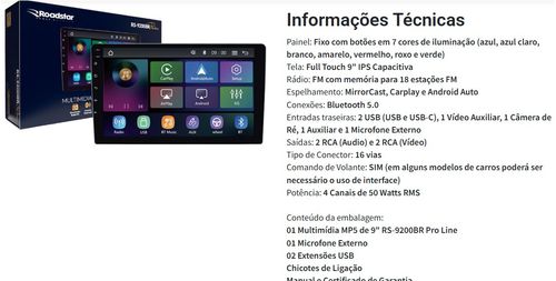 Aparelho Som Multimidia 9* (7 Cores/ Fm/ Bluetooch/ Usb/ Espelhamento Carplay/android Auto) Universal Universal RS9200BR   / Roadstar RS9200BR